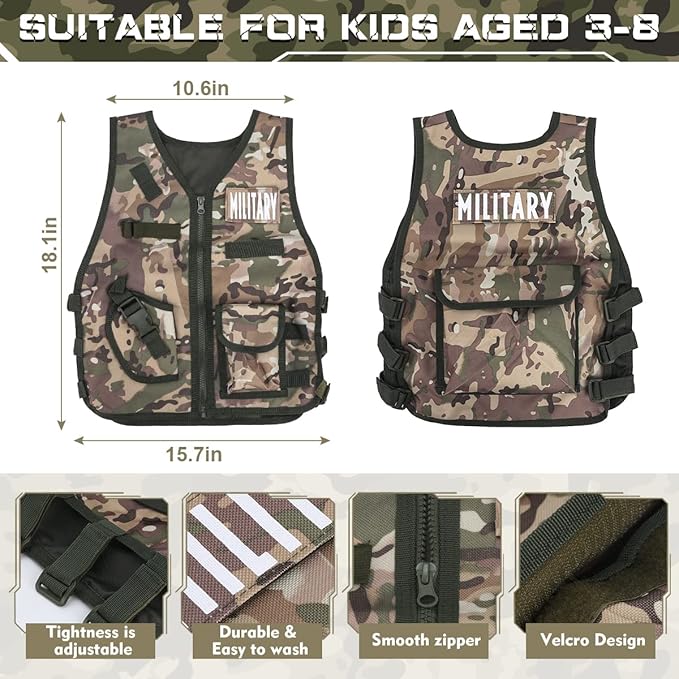 17 PCS Kids Army Costume, Military Soldier Dress up Role Play, Combat Marines for Halloween with Camouflage Vest, Helmet and Accessories for Kids Boys 3+