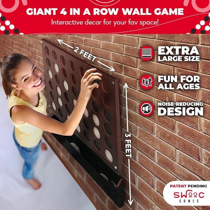 Swooc Games® - Wall Mounted Giant 4 in A Row - 60% Quieter - Jumbo Size Wall Games - Game Room Game, Accessories and Decor - Garage and Basement Decor - Large Connect - Four in a Row for Kids & Adults