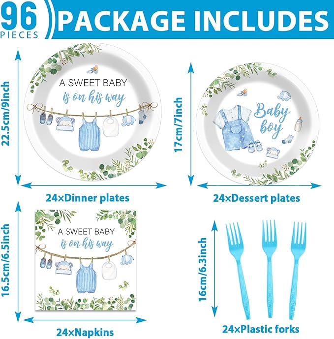 96Pcs Greenery Baby Shower Plates and Napkins Decoration Watercolor Blue Baby Boy Party Tableware Dinnerware Set A Sweet Boy Is On His Way Paper Plates for Gender Reveal Party Supplies Serve 24 Guests