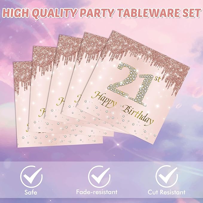 21st Birthday Rose Gold Party Supplies Rose Gold Birthday Supplies Plates and Napkins Happy 21 Bday Disposable Tableware Party Supplies For Girls Women Princess Party