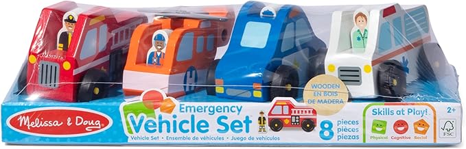 Melissa & Doug Emergency Vehicle Wooden Play Set with 4 Vehicles, 4 Play Figures