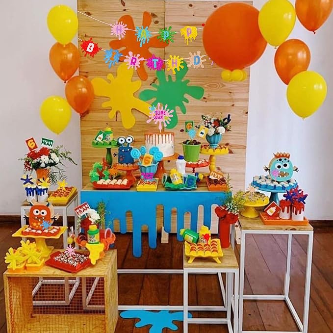 Slime Birthday Party Decorations Kit - Slime Queen Cake Topper Birthday Banner Cupcake Toppers Colorful Balloons for Kids Slime Party Baby Shower Party Supplies