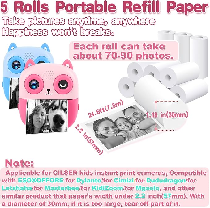 440 Pcs/5 Rolls Premium Kids Camera Paper Roll Refill, 2.2x1.1Inch(57X25mm), CILSER Thermal Paper for Most Kids Instant Camera, HD Printing, Waterproof, Non-sticky(5 Rolls)