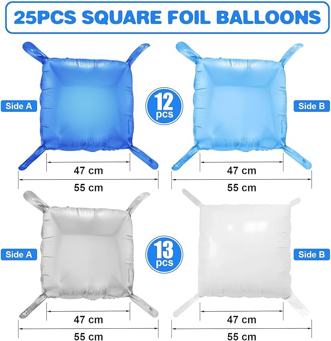 Blue White Square Foil Balloon Wall,25Pcs Double Sided Foil Balloons Backdrop Helium Polyester Tunnel Arch Garland Kit for Birthday Bridal Anniversary Baby Shower Party Decorations