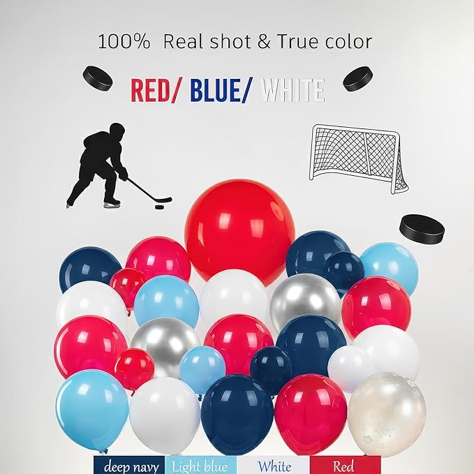 Hockey Birthday Party Decorations & with Red White Blue balloon arch & Snowflake printed Exploding stars Foil balloons for Kids Fans Boys Game Time Winter sports Themed Party Decor Supplies
