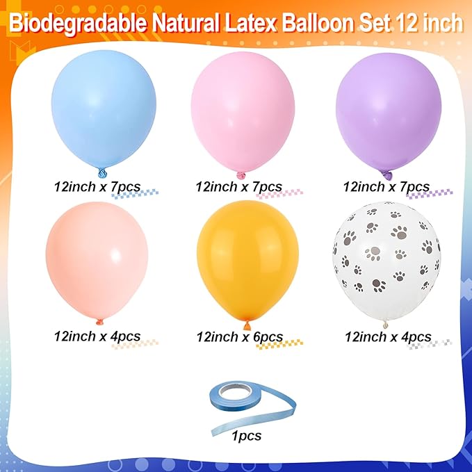 Blue Pastel Balloons, Dog Paw Printed Birthday Party Decorations Balloons, Blue Purple Yellow Pink Balloon for Boys Girls Puppy Theme Baby Shower Supplies