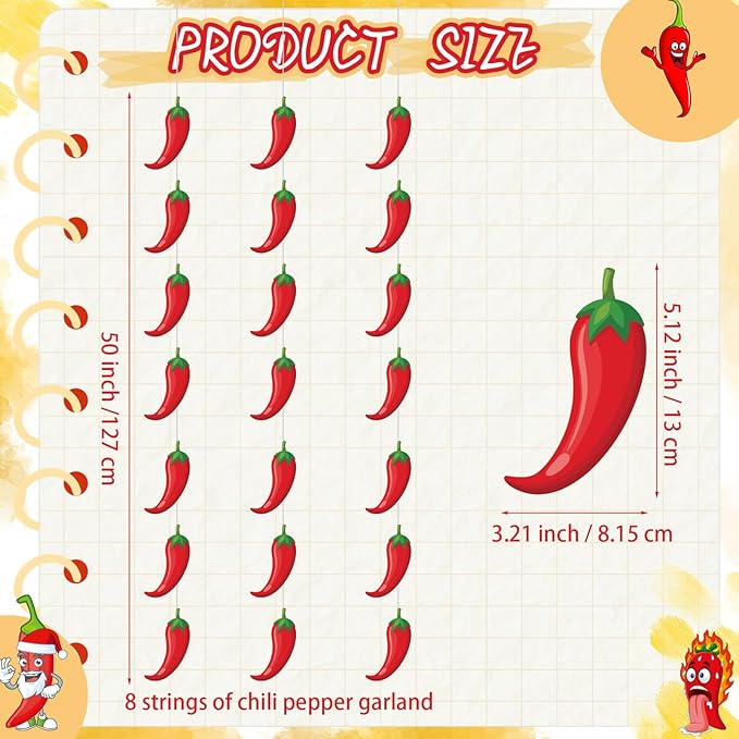 Frienda 8 Pcs Fiesta Cinco De Mayo Decorations Chili Pepper Garlands Fiesta Chili Cook off Hanging Banners Contest Tasting Competition Decor Mexican Kitchen Cook off Party Supplies(Red,Pepper)