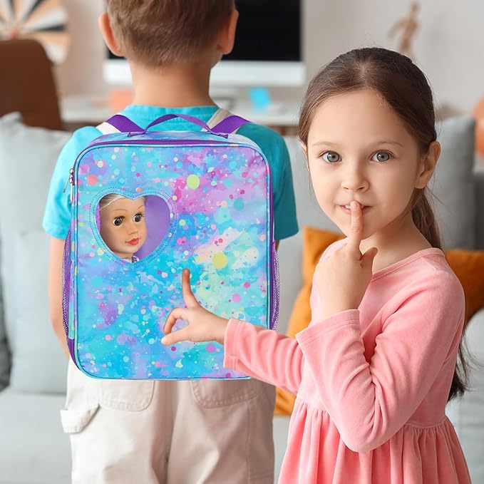 18 Inch Doll Carrier Backpack - Blue and Purple Tie-Dye Style Travel Set with Accessories