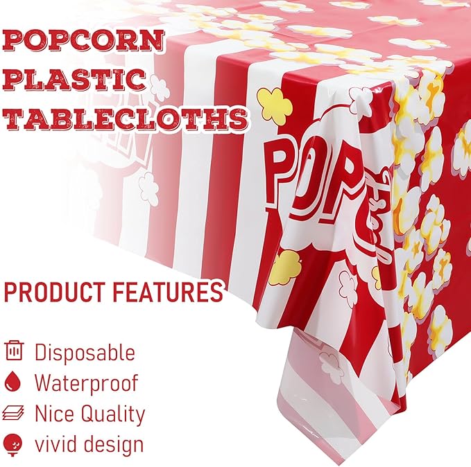 Breling 3 Pieces Popcorn Tablecloth 54 x 108 Inch Plastic Popcorn Table Cover Party Decorations Carnival Circus Movie Night Supplies Carnival Birthday Party Supplies Tablecovers
