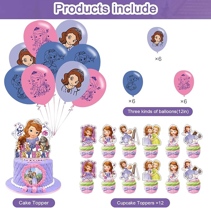 Princess Birthday Party Decoration, Princess Include Princess Theme Birthday Banner, Cake Topper, Latex Balloons for Fans Birthday Party Supplies