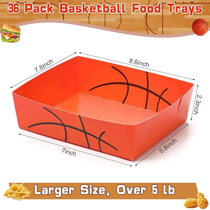 Teling 36 Pack Basketball Party Supplies Large 5 lb Basketball Plates Trays Paper Food Boats Disposable Nacho Serving Snack Trays Dinner Plates for Sport Themed Birthday Party Decorations Favors