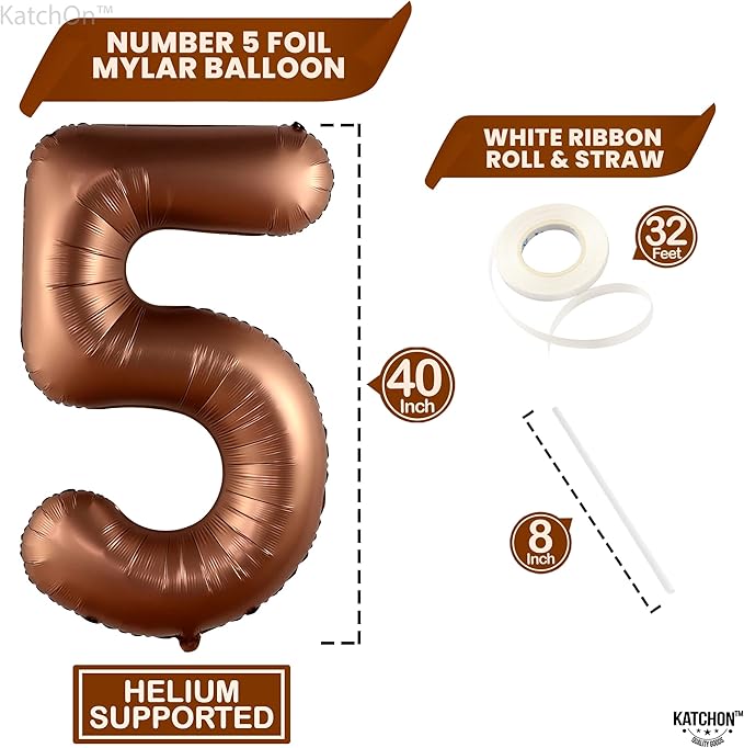 KatchOn, Coffee Brown Number 5 Balloon - Huge, 40 Inch | Number 5 Brown Ballon for 5th Birthday Decorations | Safari 5 Balloon | 5 Coffee Balloons for 5th Birthday Decorations Girl