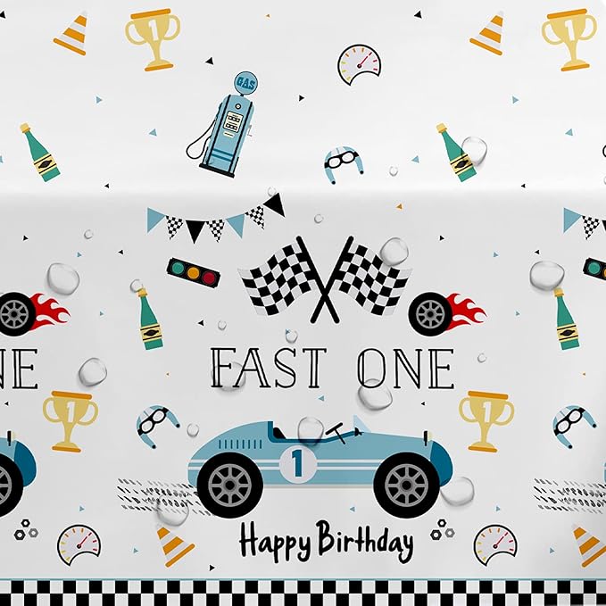 Fast One Birthday Decorations for Boys Tablecloth - Blue Race Car 1st Birthday Party Supplies Table Covers for Racing Car First | 3 Pack (54in x 108in)