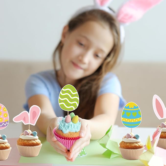 36pcs Easter Cupcake Toppers, 12 Kinds Easter Cake Topper Decorations, Paper Colorful Easter Eggs Bunny Ears Cake Topper Decor, Single Sided Printing Spring Party Desserts Cupcake Topper Decoration