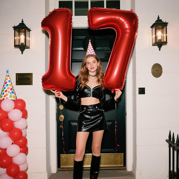 40 Inch Red Number 17 Digital Balloon,Jumbo Mylar Foil Helium Balloon for 17 Balloons for Birthday Party,Wedding Anniversary Party Decorations