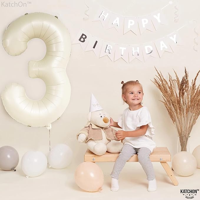 KatchOn, Cream White Number 3 Balloon Neutral - Giant, 40 Inch, Three Balloon | 3 Balloon Number for Young Wild and Three Decorations Girl | 3 Anniversary Decorations