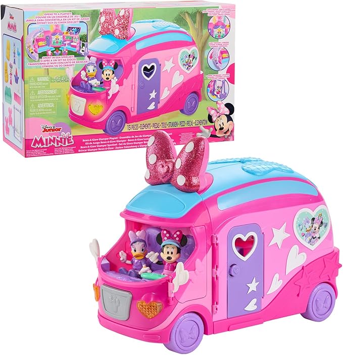 Disney Junior Minnie Mouse Bows-A-Glow Rolling Glamper 13-piece Figures and Playset, Kids Toys for Ages 3 Up, Amazon Exclusive by Just Play
