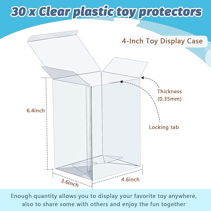 Jetec 30 Pcs Clear Plastic Toy Protector Case 4 Inch Toy Display Vinyl Collectible Figure Display Case Toy Clear Soft Protector Box for Toy Protection