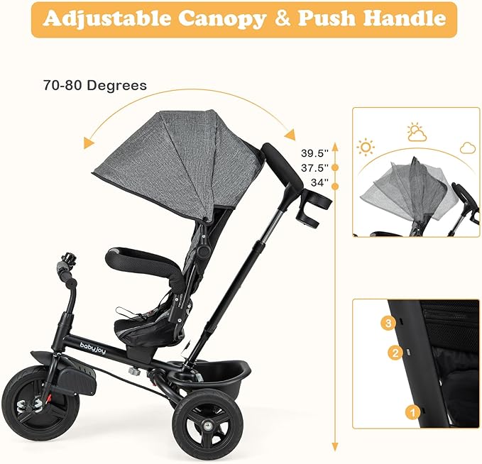 BABY JOY Tricycle, 6 in 1 Trike for Toddler w/Reversible Seat, Adjustable Canopy & Parent Handle, 5-Point Safety Belt, PU Wheels and Storage Basket, Push Tricycle for 9-60 Months (Gray)