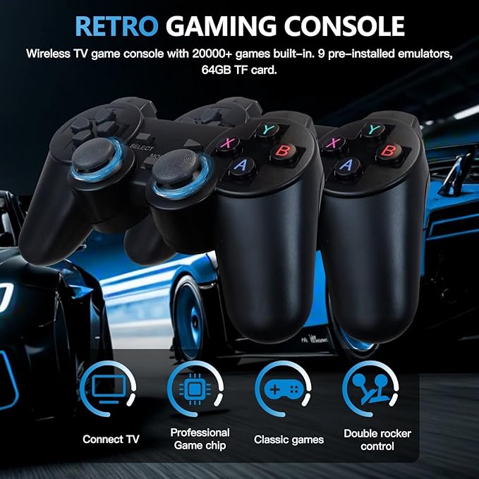 M8 Retro Gaming Console 64G Wireless Game Stick TV Console with Built-in 20000+ Games, 4K HDMI Output, Plug and Play, 9 Emulators, 2.4G Wireless Controller Gamepad for Christmas Birthday Gifts
