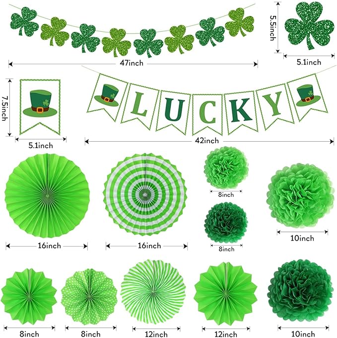 St. Patrick's Day Decorations, St Patty's Saint Decor Accessories for Irish Party Supplies, Including Paper Fan, Glitter Lucky Banner, Shamrock Garlands Clover, Green