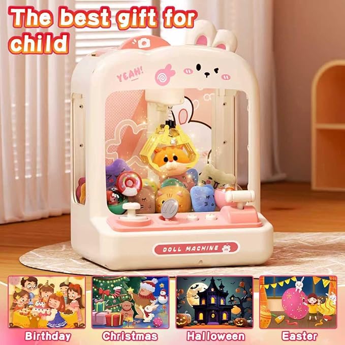 55 PCS Mini Claw Machine for Kids Bunny, Vending Machine with Lights Sound, Electronic Prize Dispenser for Kids Girls, Claw Toys Game Gifts for 4 5 6 7 8 Years Old Girls Boys