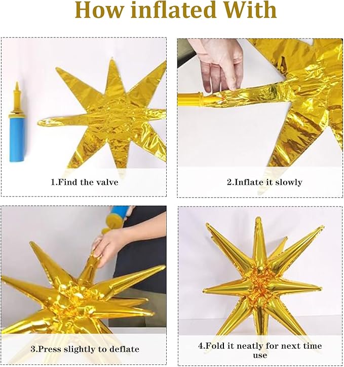 6 Pcs Gold Black Star Foil Balloons One-Piece 14-Pointed Star Balloon 4D Starburst Cone Mylar Balloon 22inch Christmas Birthday Wedding Wedding Anniversary Party Supplies (Gold + Black)
