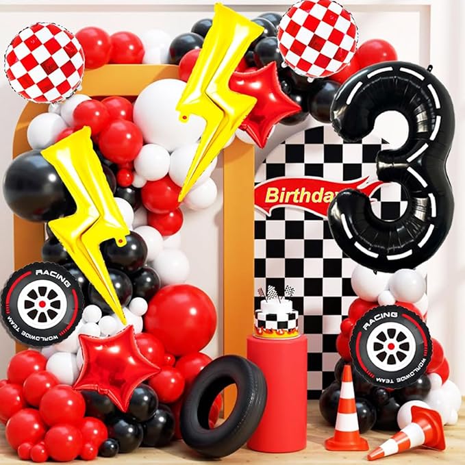 Cartoon Race Car Birthday Party Decorations Large Lightning Bolt Foil Balloons Race Car Balloons 40 Inch Racetrack Number 3 Balloon for Boys 3rd Cars Themed Birthday Party Decor Supplies