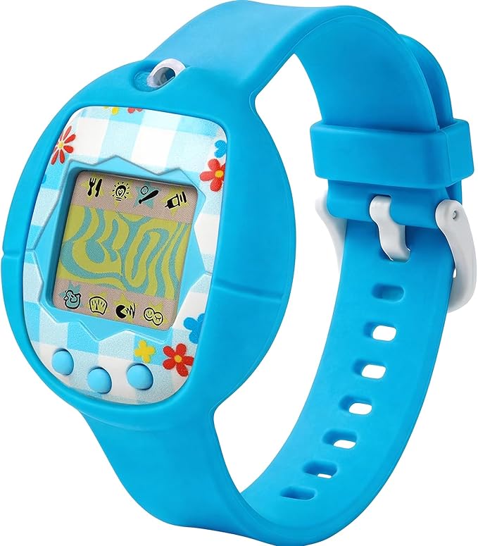 Soft Silicone Wristband for Tamagotchi Original, for Gen 1/2, Neon, Retro Flowers, 90s, Fresh Strawberry, Adjustable Anti-Drop Strap for Kids, Teens, Adults, Parents & 90s Nostalgia Lovers (Blue)
