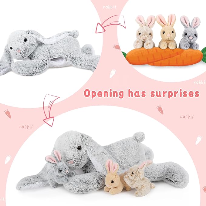 4Pcs Easter Bunny Stuffed Animal- 24" Big Stuffed Bunny Rabbit Plush Toy Gifts for Kids - Cuddly Mommy Bunny Surprise with 3 Small Bunnies Inside