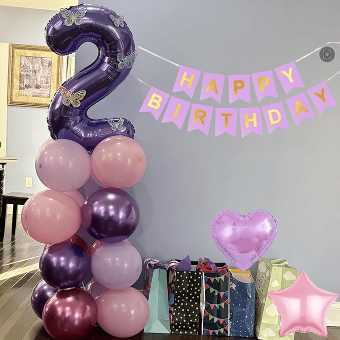 2nd Birthday Decoration for Girls,Pink Purple 2nd Balloon Number 2 Balloon with Butterfly Stickers Star Heart Foil Balloons Happy Birthday Banner for Baby 2 Year Old Party Decor