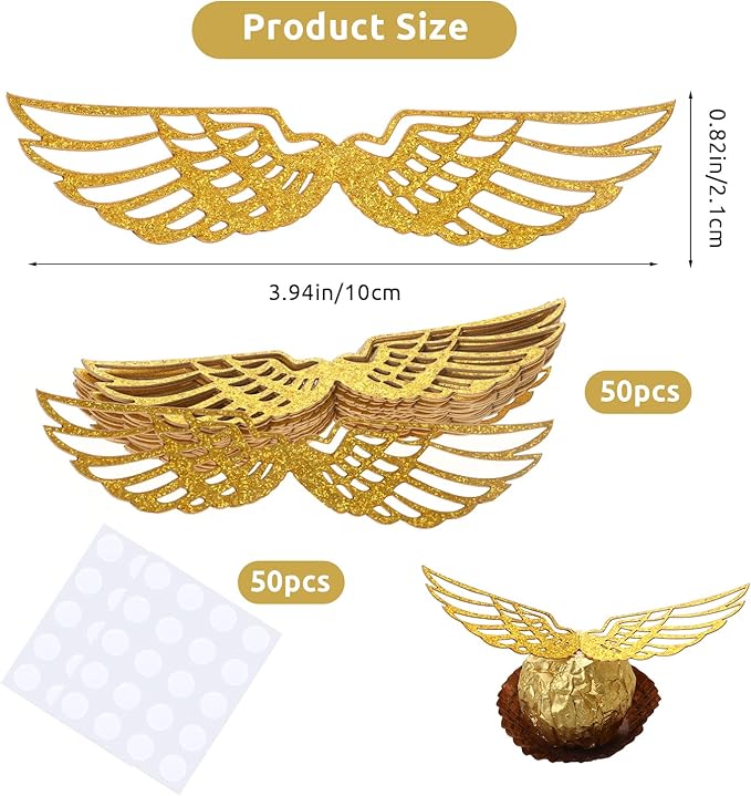 50PCS Wizard Party Chocolate Decoration Wings Chocolate Decoration, Wings Wafer Cupcake Toppers with 50pcs Glue Point, Wafer Cupcake Toppers for Anniversary Birthday Wedding
