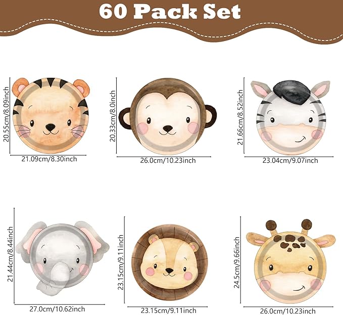 60 Count Jungle Animal Party Plates Safari Animal Shaped Paper Plates Zoo Jungle Them Disposable Party Decorations Wild Safari Tableware for Birthday Baby Shower Favor Favor Supplies