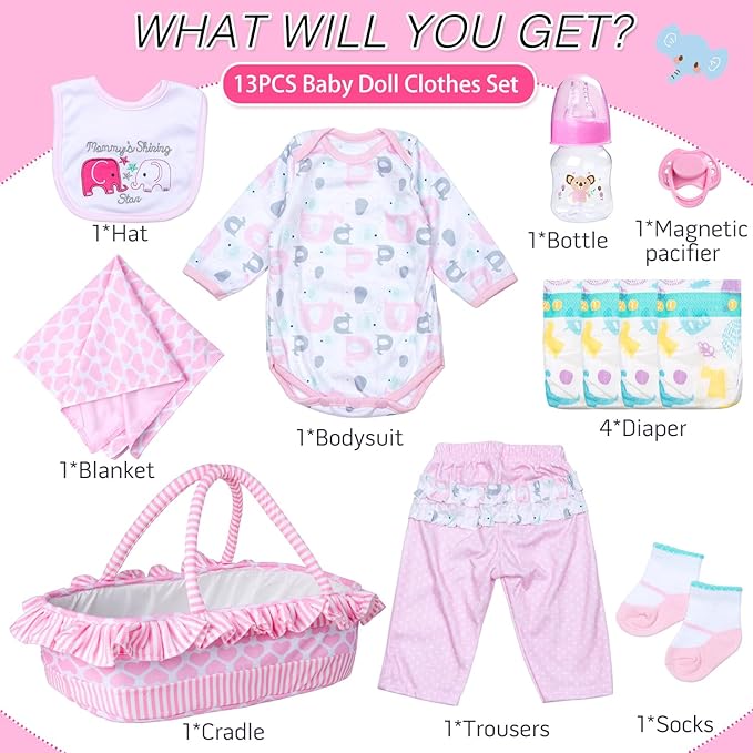 PEDOLLTREE 12 Pcs Reborn Baby Dolls Clothes Girl Pink Elephant Outfit Accessories for 17-22 Inch Reborn Doll Newborn Girl with Pink Heart Bassinet