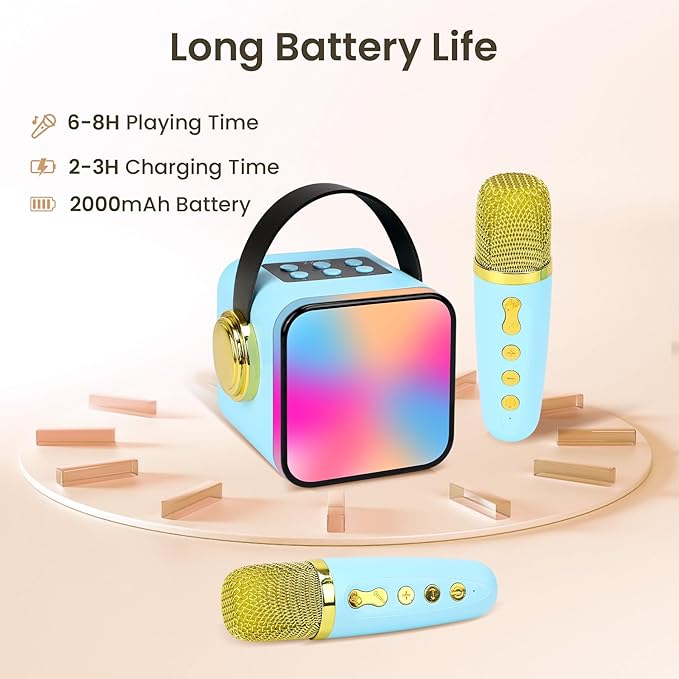 Mini Karaoke Machine for Kids, Portable Bluetooth & Auxiliary Karaoke Speaker with 2 Wireless Microphones, Modern Minimalist Design, Light Show, Blue