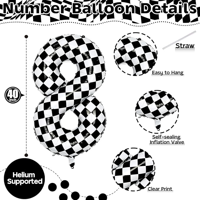 Foil 8th Birthday Number Balloon, Large Checkered Helium 8 Racing Balloons Decor, 40 Inch Self Inflating Black and White Number 8 Balloons for Boys Birthday Race Car Flag Party Decorations Supplies