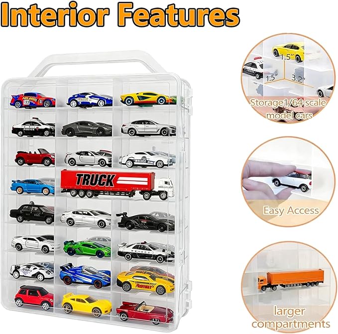 Double-Sided 1:64 Scale Toy Car Storage Case, 48-Slot Clear Organizer with Handle, Transparent Display & Storage Box Compatible with Most Die-Cast Model Cars (Case Only)