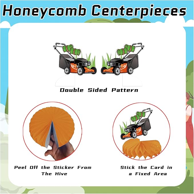9 Pcs Lawn Mower Honeycomb Centerpieces Lawn Mower Table Decorations Lawnmower Party Decorations for Lawn Mower Birthday Party Supplies
