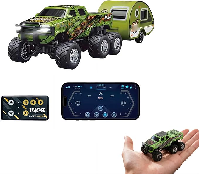 Mini Rc Truck,1/64 Scale Mini Remote Control Monster Truck with Trailer, 2.4Ghz Remote Control & APP, Rechargeable Alloy Shell RC Cars with Lights, Speed/Steering Adjustable (Green)