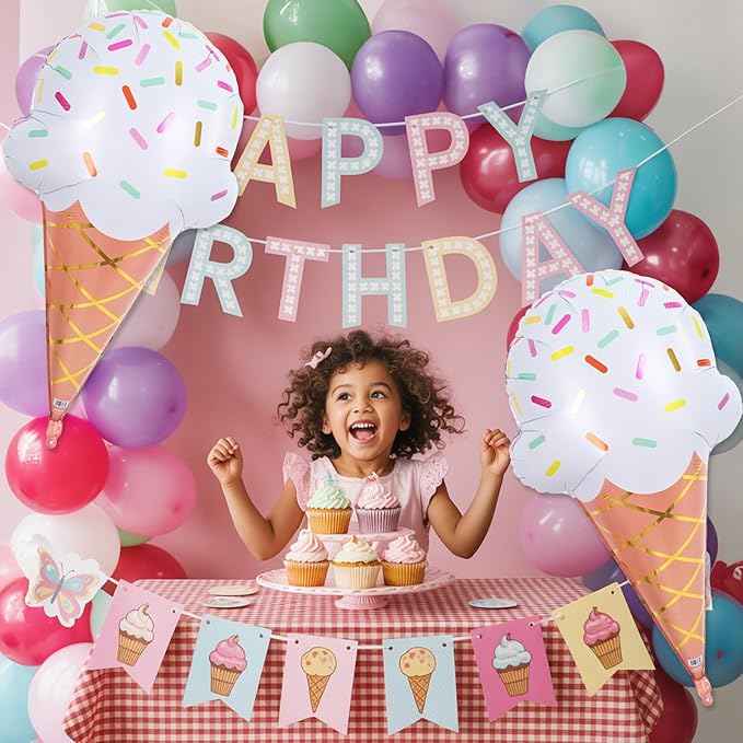 32 Inch Large Ice Cream Balloons Cone Kit, Giant Sweet Ice Cream Sprinkle Foil Balloons, Popsicle Three Scoops of Fun Social Party Decorations for Kid Girls Birthday Summer Beach Hawaii Pool Decor