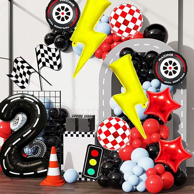Cartoon Race Car Birthday Party Decorations Large Lightning Bolt Foil Balloon Race Car Balloons 40 Inch Racetrack Number 2 Balloon Black Two Fast Balloons for 2nd Cars Themed Birthday Party Decor