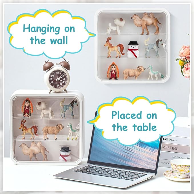 Menkxi 2 Pcs Display Case for Figures 3 Tiers Doll Storage Box Wall Mounted Clear Box Dust Proof Display Cabinet Organizer with Magnetic Door for Mini Toys Action Figures Collectibles, White