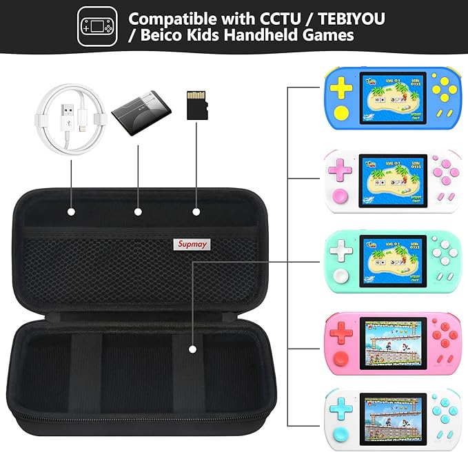 Supmay Carrying Case Compatible with CCTU / TEBIYOU Kids Handheld Games Preloaded 218 Retro Video Games, Portable Gaming Electronic Toys Storage Holder Travel Bag with Mesh Pocket for USB Cable, Black