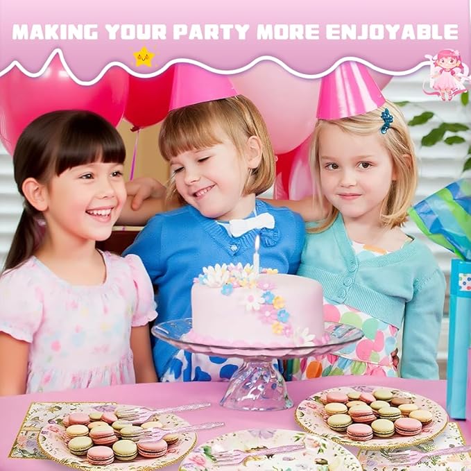 192 Pcs Fairy Party Tableware Set (Serves 48 Guests), Plates, Napkins, Forks, Enchanted Garden Theme for 1st Birthday, Baby Shower, Girls Fairy Party Decorations