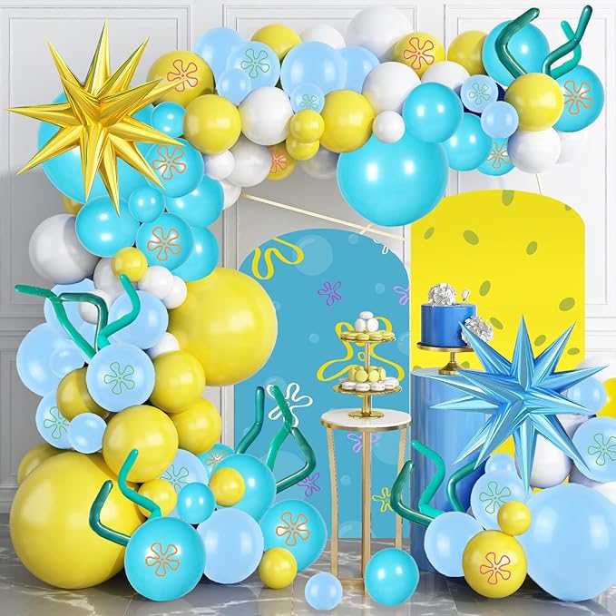 145 Pcs Yellow Blue White Balloon Garland Arch Kit,Cartoon Baby Balloons Party Decorations, for Anime Tropical Ocean Boys Girls Birthday Party Supplies