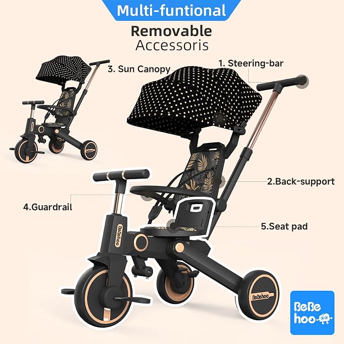 Tricycle Stroller for Toddler,Foldable Baby Tricycle,Kids Balance Bike with Push Handle,Toddlers Stroller Bike with 1 to 5 Years,7-in-1 Push Tricycle Bike for Kids(Gold)