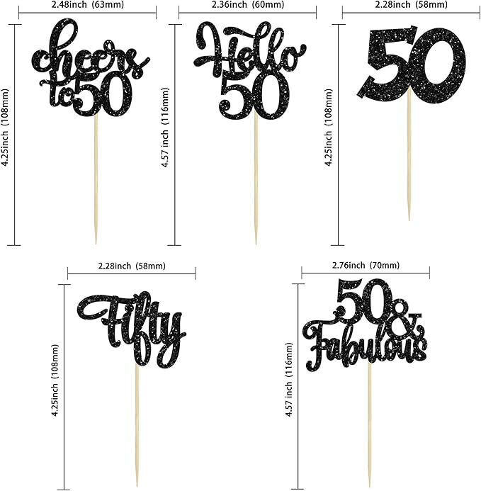 30Pcs Happy 50th Birthday Cupcake Toppers Black Glitter Fifty Cheers to 50 Years Old Birthday Cupcake Picks for 50th Birthday Anniversary Party Cake Decorations Supplies