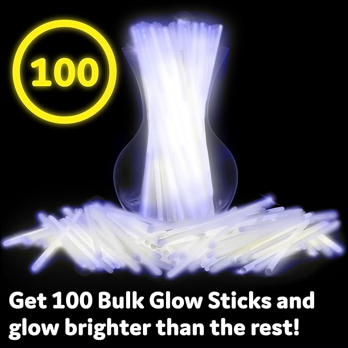 PartySticks White Glow Sticks - 100pk, 8 Glow In The Dark Light Up Party Favors, Decorations and Accessories