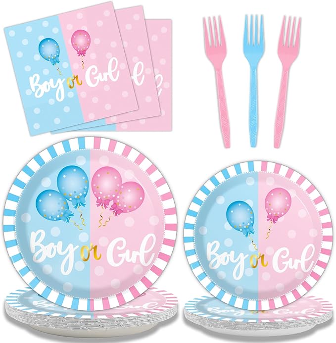 96 Pieces Gender Reveal Party Decorations Supplies He or She Party Tableware Set Pink or Blue Gender Reveal Party Dessert Plates Napkins Forks Favors 24 Guests