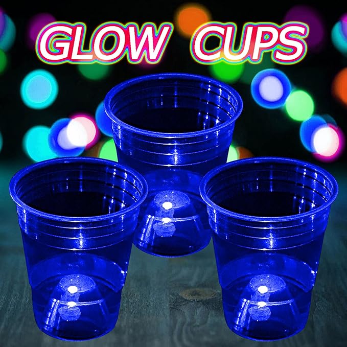 mishunyus Glow in The Dark Blue Party Cups 24 Pack (16 oz) - LED Light Up Plastic Cups for Birthday Weddings BBQ Beach Holiday Decorations, Reusable Drinking Cups for Club Events & Nighttime